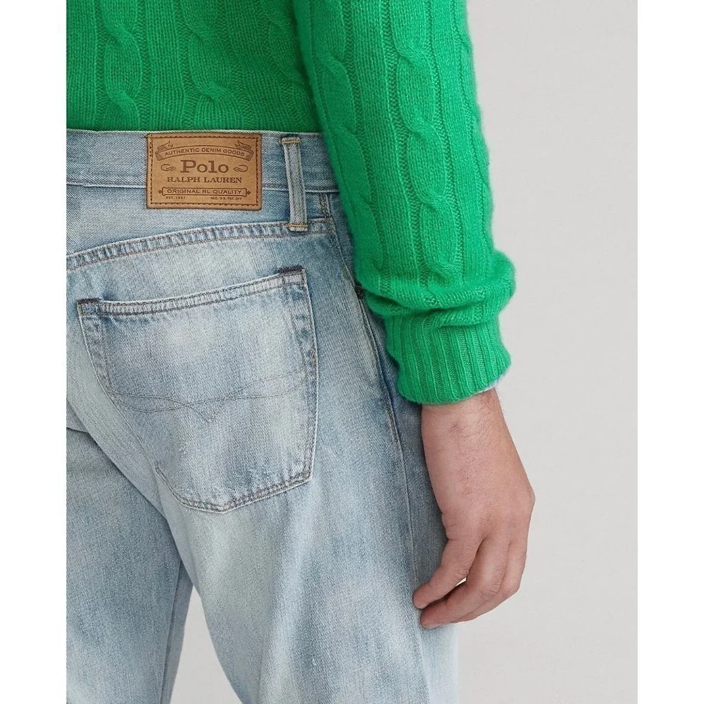 Polo Ralph Lauren Mens Varick Slim Straight Sun Faded Distressed Rope Dyed Jeans